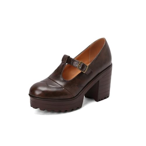 Damen Hoher Stämmiger Ferse Plateau Mary Janes T-Riemen Vintage Brogue Schuhe Geschlossene Runde Zehen Formelle Schuhe,Braun,38.5 EU von HXTYXCQ