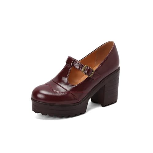 Damen Hoher Stämmiger Ferse Plateau Mary Janes T-Riemen Vintage Brogue Schuhe Geschlossene Runde Zehen Formelle Schuhe,Burgundy,40 EU von HXTYXCQ