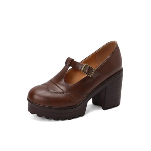 Damen Hoher Stämmiger Ferse Plateau Mary Janes T-Riemen Vintage Brogue Schuhe Geschlossene Runde Zehen Formelle Schuhe,Gelb,41.5 EU von HXTYXCQ