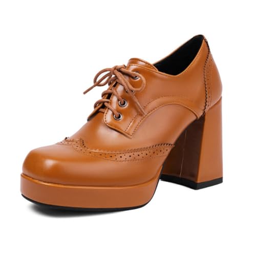Damen Hoher Stämmiger Ferse Plateau Pumps PU Leder Brogue Oxfords Schnüren Formelle Anzugschuhe,Braun,40 EU von HXTYXCQ