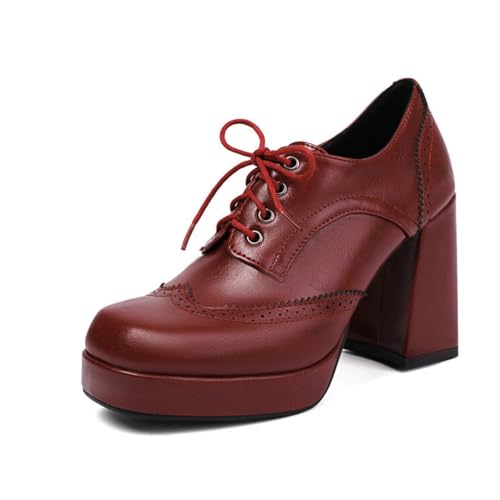 Damen Hoher Stämmiger Ferse Plateau Pumps PU Leder Brogue Oxfords Schnüren Formelle Anzugschuhe,Burgundy,35.5 EU von HXTYXCQ