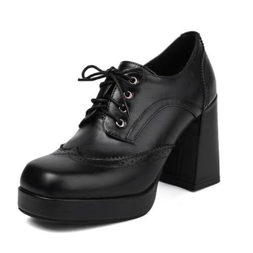 Damen Hoher Stämmiger Ferse Plateau Pumps PU Leder Brogue Oxfords Schnüren Formelle Anzugschuhe,Schwarz,35 EU von HXTYXCQ