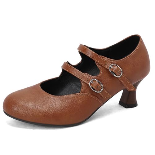 Damen Kätzchen Absatz Kleid Pumps Runde Zehe PU Leder Vintage Schuhe Knöchelriemen Brogue Oxford Schuhe Mit Schnalle,Gelb,44 EU von HXTYXCQ