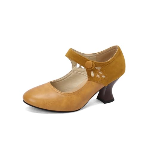 Damen Kätzchen Ferse Mary Janes Geschlossene Runde Zehen PU Leder Kleid Pumps Knöchelriemen Retro Kleid Schuhe Mit Schnalle,Gelb,44 EU von HXTYXCQ