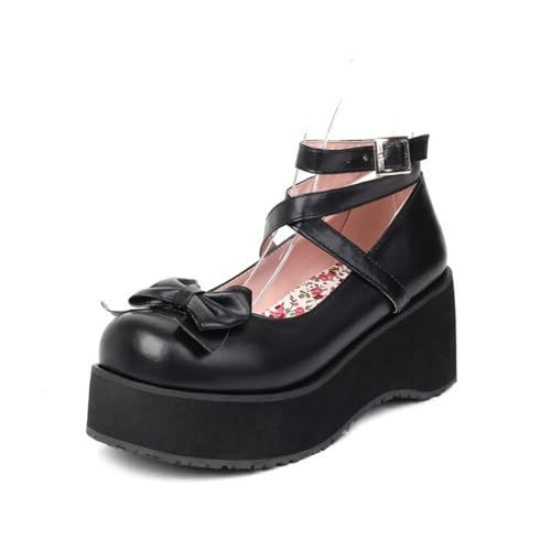 Damen Keilabsatz Plateau Lolita Schuhe Knöchelriemen Mary Janes Mit Schnalle Geschlossenes Rundes Zehen Kleid Pumps Mit Schleife,Schwarz,35.5 EU von HXTYXCQ