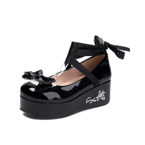 Damen Keilabsatz Plateau Mary Janes Mit Schleifen Schnürung Kleid Pumps Runde Zehen Lackleder Lolita Schuhe,Schwarz,38 EU von HXTYXCQ