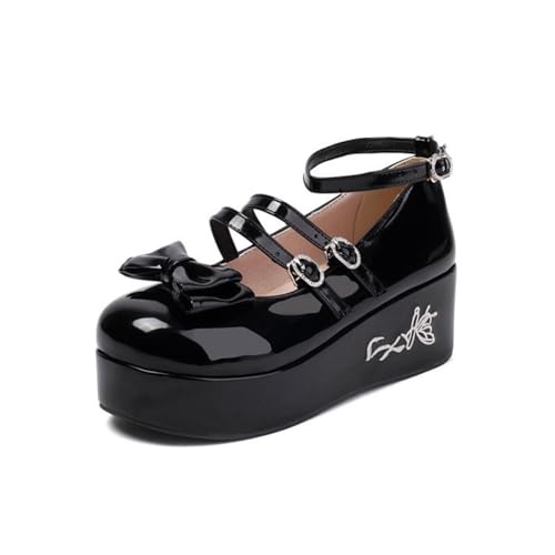 Damen Knöchelriemen Mary Janes Mit Schnalle Keilabsatz Plateau Pumps Mit Schleife Geschlossene Runde Zehe Lolita Schuhe,Schwarz,44 EU von HXTYXCQ