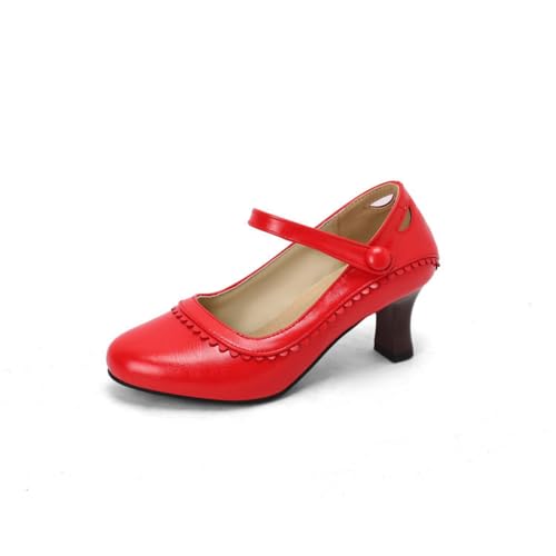 Damen Knöchelriemen Oxfords Schuhe Mittlerer Kätzchen Ferse Commuting Schuhe Runde Zehen Arbeit Pumps,Rot,36 EU von HXTYXCQ