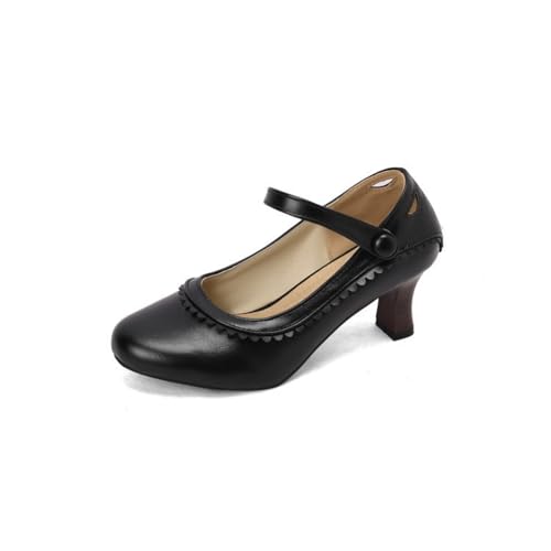 Damen Knöchelriemen Oxfords Schuhe Mittlerer Kätzchen Ferse Commuting Schuhe Runde Zehen Arbeit Pumps,Schwarz,37 EU von HXTYXCQ