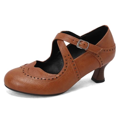 Damen Kreuz Knöchelriemen Vintage-Kleid Pumps Mit Schnalle Kätzchen Absatz Brogue Schuhe Runde Zehen PU-Leder Formelle Schuhe,Gelb,40 EU von HXTYXCQ