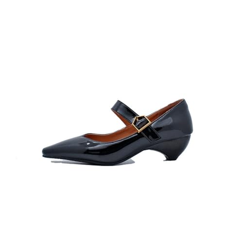 Damen Lackleder Mary Jane Pumps Spitze Zehen Retro Kleid Schuhe Knöchelriemen Formelle Schuhe Mit Schnalle,Schwarz,45 EU von HXTYXCQ