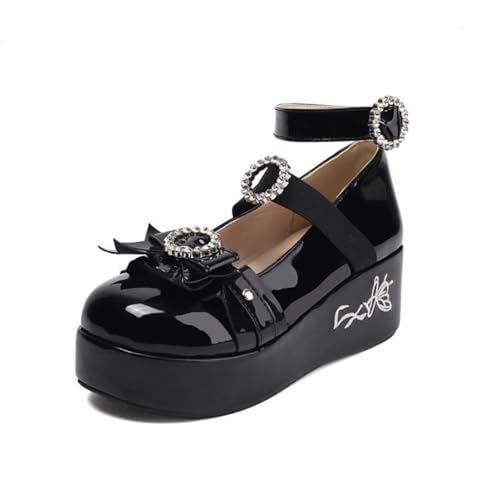 Damen Lackleder Mary Janes Mit Schleifen Knöchelriemen Kleid Schuhe Mit Schnalle Keilabsatz Plateau Lolita Schuhe,Schwarz,48 EU von HXTYXCQ