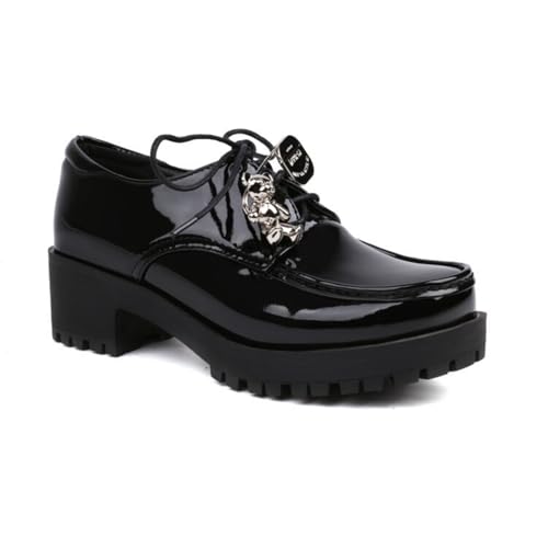 Damen Lackleder Plateau - Oxfords Schnüren Vintage Brogues Stämmiger Ferse Uniform Kleid Pumps,Schwarz,39 EU von HXTYXCQ