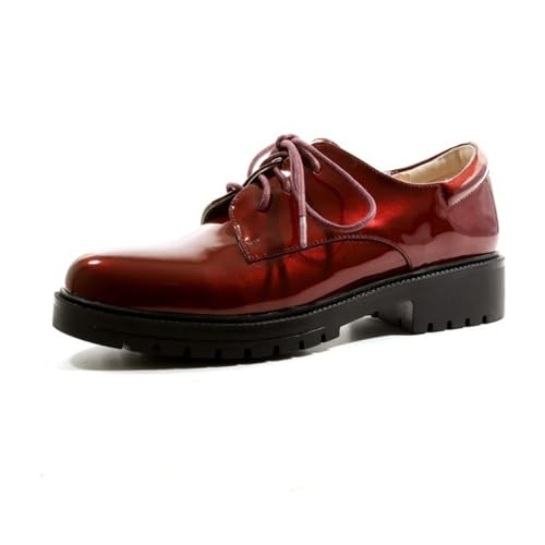Damen Lackleder Schnür - Oxfords Plateau - Pumps Mit Dickem Absatz Klassische Runde Zehe - Schuhe Für Büro Und Party,Burgundy,37 EU von HXTYXCQ