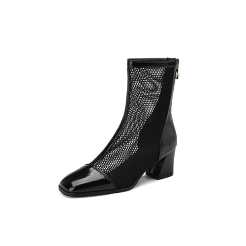 Damen Lackleder Sommer Stiefeletten Quadratischer Zehen Kleid Sandalen Mit Reißverschluss Hinten Mittlerer Stämmiger Ferse Kurze Stiefel,Schwarz,37 EU von HXTYXCQ