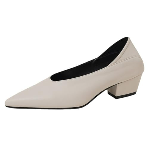 Damen Mittlerer Blockabsatz Freizeitschuhe Spitz - Zehen PU Leder Büro Kleid Schuhe Slip Auf Mary Janes,Beige,38.5 EU von HXTYXCQ
