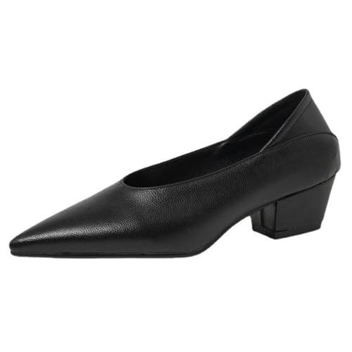 Damen Mittlerer Blockabsatz Freizeitschuhe Spitz - Zehen PU Leder Büro Kleid Schuhe Slip Auf Mary Janes,Schwarz,42 EU von HXTYXCQ