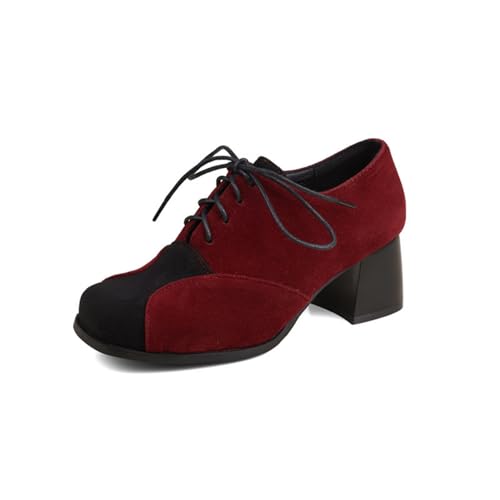 Damen Mittlerer Blockabsatz Vintage Brogues Runde Zehen Kleid Aus Wildlederimitat Schuhe Schnüren Oxford & Derby Schuhe,Rot,40 EU von HXTYXCQ