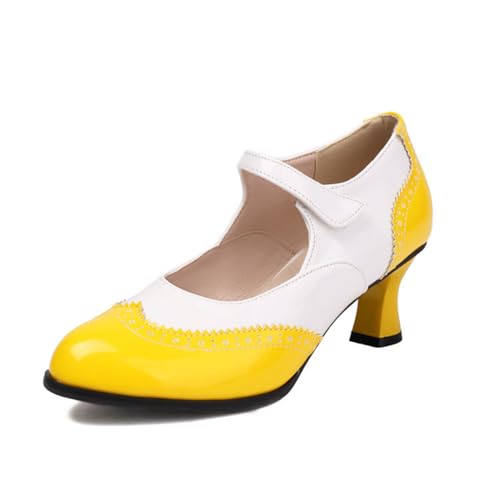 Damen Mittlerer Kätzchen Ferse Court Schuhe Lackleder Mary Janes Geschlossene Runde Zehe Brogue Pumps,Gelb,35.5 EU von HXTYXCQ