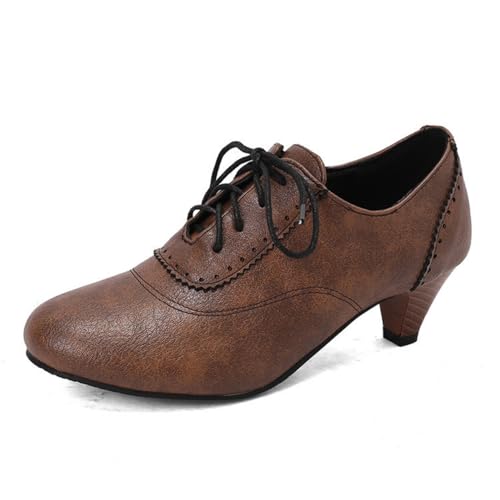 Damen Mittlerer Kätzchen Ferse Oxford Schuhe Runde Zehen PU Leder Uniform Kleid Schuhe Schnürung Vintage Brogues,Braun,41 EU von HXTYXCQ
