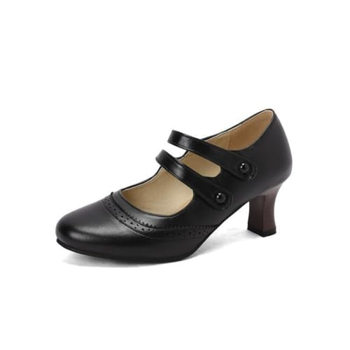 Damen Mittlerer Kätzchen Ferse Pumps Geschlossene Runde Zehe Brogue Oxford Schuhe PU Leder Formelle Schuhe Mit Schnalle,Schwarz,35.5 EU von HXTYXCQ