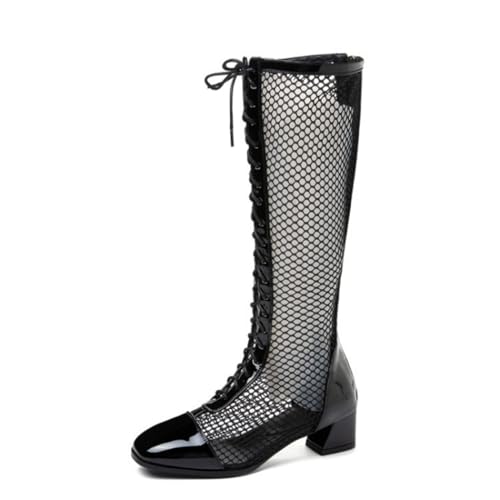 Damen Niedrigem Blockabsatz Lange Stiefel Mit Rückenreißverschluss Ausschnitt Aus Mesh Kniehohe Stiefel Schnürung Sommersandalen,Schwarz,39 EU von HXTYXCQ