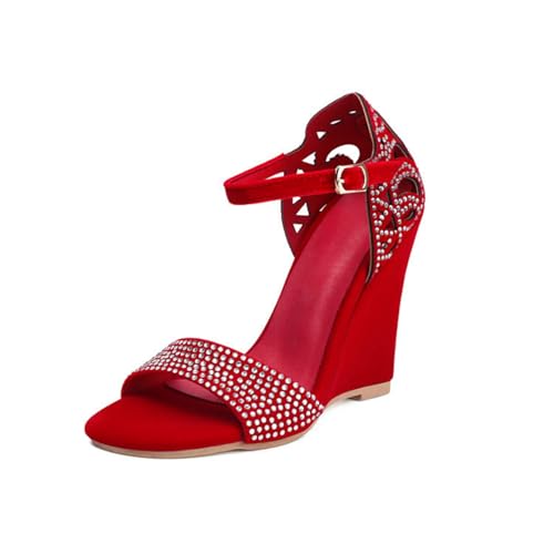 Damen Offene Zehen Wildlederimitat Kleid Sandalen Knöchelriemen Partei Abschlussball Pumpen Hoher Keilabsatz Sommer Sandalen Mit Strass,Red1,35 EU von HXTYXCQ