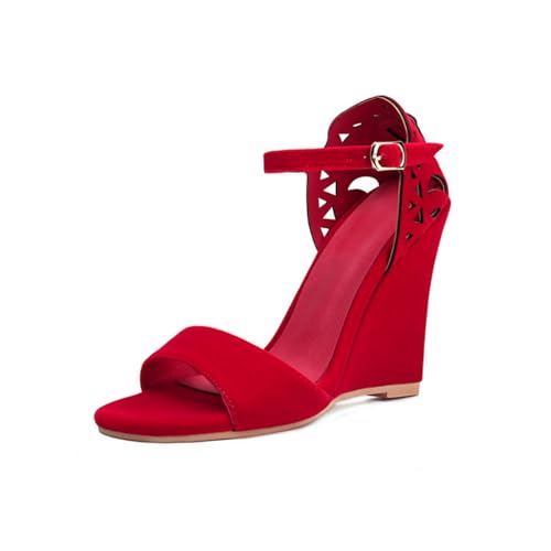 Damen Offene Zehen Wildlederimitat Kleid Sandalen Knöchelriemen Partei Abschlussball Pumpen Hoher Keilabsatz Sommer Sandalen Mit Strass,Red2,35 EU von HXTYXCQ