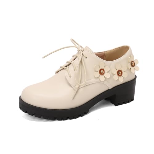 Damen PU Leder Blumen - Akzent Oxfords Mittlerer Blockabsatz Uniform Kleid Schuhe Schnüren Plateau Schuhe,Beige,35 EU von HXTYXCQ