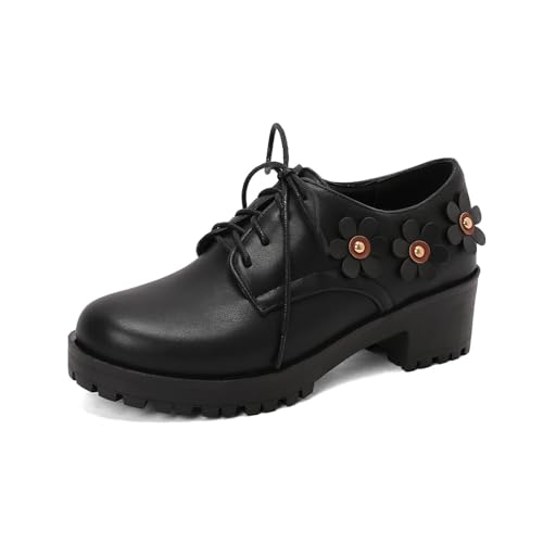 Damen PU Leder Blumen - Akzent Oxfords Mittlerer Blockabsatz Uniform Kleid Schuhe Schnüren Plateau Schuhe,Schwarz,41.5 EU von HXTYXCQ