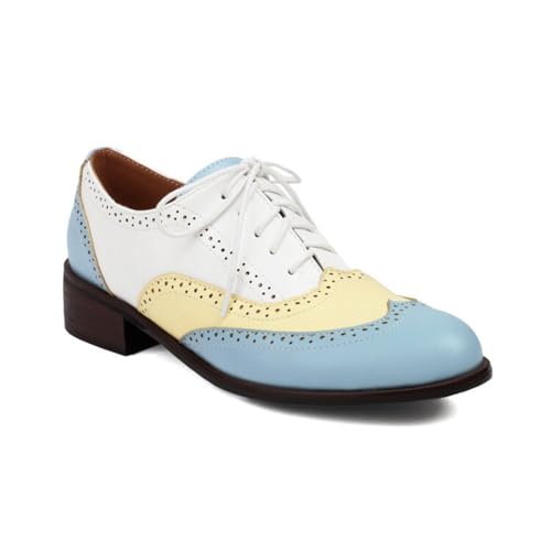 Damen PU Leder Flache Oxfords Schnürung Brogue Schuhe Niedrige Stämmiger Ferse Vintage Kleid Schuhe,Blau,37 EU von HXTYXCQ