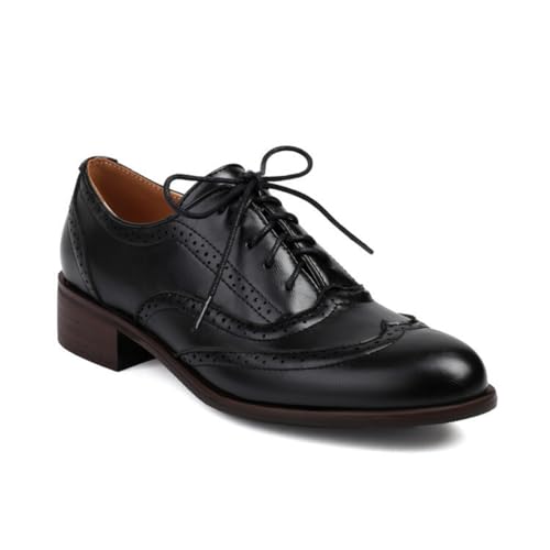 Damen PU Leder Flache Oxfords Schnürung Brogue Schuhe Niedrige Stämmiger Ferse Vintage Kleid Schuhe,Schwarz,41.5 EU von HXTYXCQ