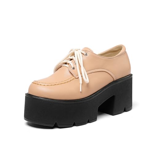 Damen PU Leder Plateau Oxfords Schnüren Freizeitschuhe Stämmiger Ferse Vintage Kleid Pumps,Apricot,39 EU von HXTYXCQ
