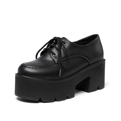 Damen PU Leder Plateau Oxfords Schnüren Freizeitschuhe Stämmiger Ferse Vintage Kleid Pumps,Schwarz,41.5 EU von HXTYXCQ
