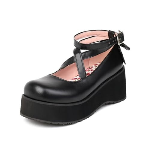 Damen PU-Leder Plattform Mary Janes Knöchelriemen Kleid Pumps Mit Schnalle Hoher Keilabsatz Lolita Schuhe Mit Schleife,Schwarz,42 EU von HXTYXCQ