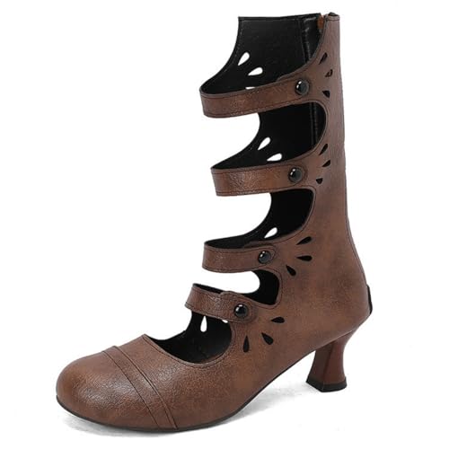 Damen PU-Leder Riemchenstiefel Mit Absatz Mittlerer Kätzchen Ferse Viktorianische Stiefel Runder Zehe Gothic Punk Schuhe Mit Reißverschluss,Braun,36 EU von HXTYXCQ