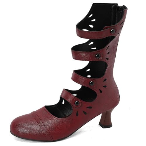 Damen PU-Leder Riemchenstiefel Mit Absatz Mittlerer Kätzchen Ferse Viktorianische Stiefel Runder Zehe Gothic Punk Schuhe Mit Reißverschluss,Burgundy,41.5 EU von HXTYXCQ