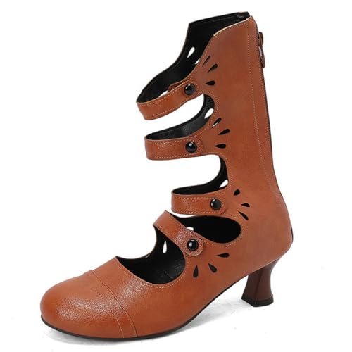 Damen PU-Leder Riemchenstiefel Mit Absatz Mittlerer Kätzchen Ferse Viktorianische Stiefel Runder Zehe Gothic Punk Schuhe Mit Reißverschluss,Gelb,42 EU von HXTYXCQ