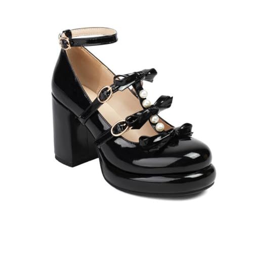 Damen Patentleder Plattform Pumps Mit Schnalle Runde Zehen Mary Janes Mit Schleife Hoher Stämmiger Ferse Gothic Schuhe,Schwarz,40 EU von HXTYXCQ