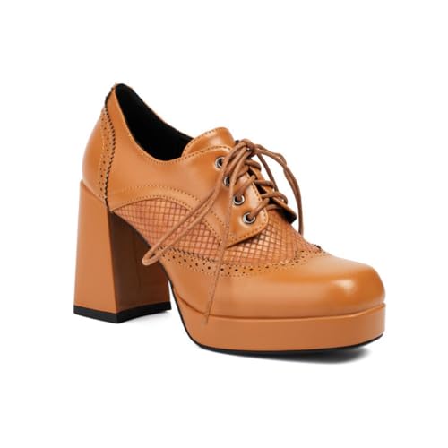 Damen Runde Zehe Brogue Plateau Oxfords Lacer Formelle Kleid Schuhe Chunky Stämmiger Ferse Vintage Schuhe,Braun,39 EU von HXTYXCQ