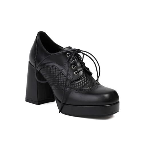 Damen Runde Zehe Brogue Plateau Oxfords Lacer Formelle Kleid Schuhe Chunky Stämmiger Ferse Vintage Schuhe,Schwarz,36 EU von HXTYXCQ