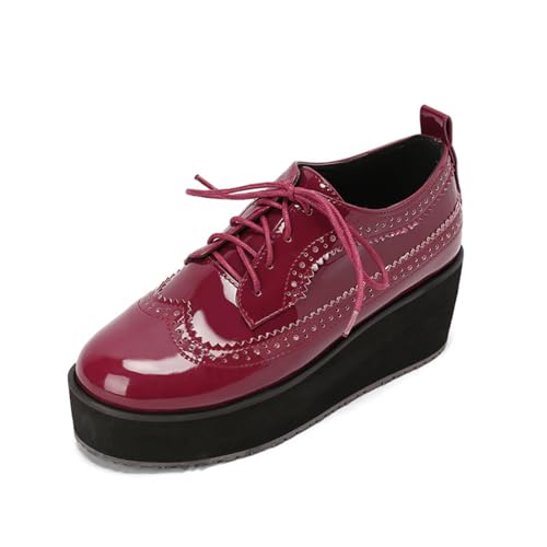 Damen Runde Zehe Lackleder Brogue Oxfords Schnüren Vintage Kleid Schuhe Plateau Hoher Absatz Büroschuhe,Burgundy,42 EU von HXTYXCQ