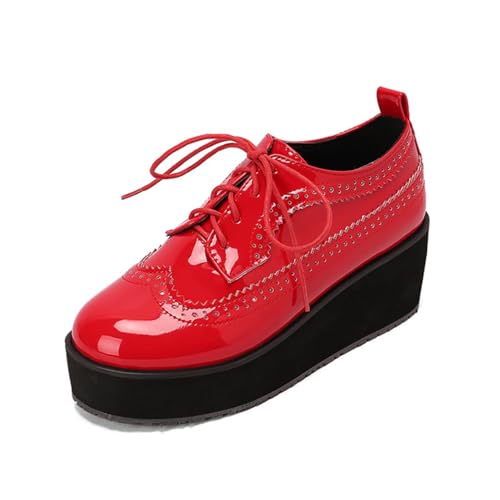 Damen Runde Zehe Lackleder Brogue Oxfords Schnüren Vintage Kleid Schuhe Plateau Hoher Absatz Büroschuhe,Rot,39 EU von HXTYXCQ