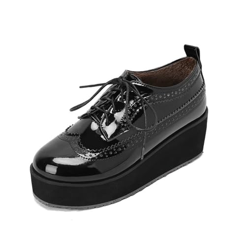 Damen Runde Zehe Lackleder Brogue Oxfords Schnüren Vintage Kleid Schuhe Plateau Hoher Absatz Büroschuhe,Schwarz,39 EU von HXTYXCQ