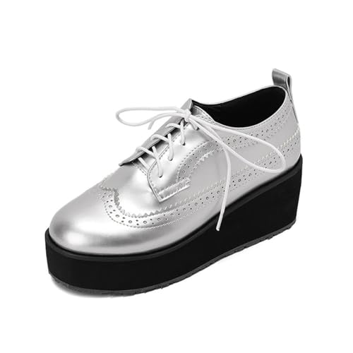 Damen Runde Zehe Lackleder Brogue Oxfords Schnüren Vintage Kleid Schuhe Plateau Hoher Absatz Büroschuhe,Silber,41.5 EU von HXTYXCQ