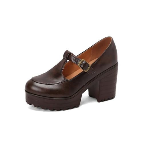 Damen Runde Zehe PU Leder Mary Janes T - Riemen Plateau Pumps Mit Schnalle Stämmiger Blockabsatz Vintage Kleid Schuhe,Braun,38.5 EU von HXTYXCQ