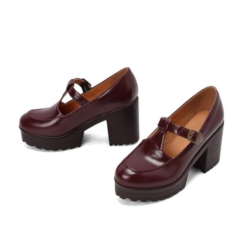 Damen Runde Zehe PU Leder Mary Janes T - Riemen Plateau Pumps Mit Schnalle Stämmiger Blockabsatz Vintage Kleid Schuhe,Burgundy,37 EU von HXTYXCQ