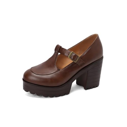 Damen Runde Zehe PU Leder Mary Janes T - Riemen Plateau Pumps Mit Schnalle Stämmiger Blockabsatz Vintage Kleid Schuhe,Gelb,38.5 EU von HXTYXCQ