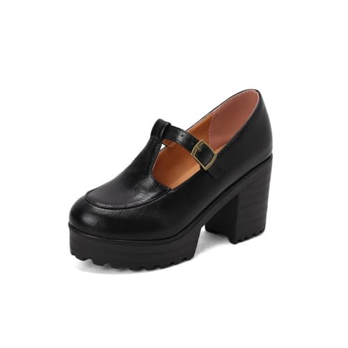 Damen Runde Zehe PU Leder Mary Janes T - Riemen Plateau Pumps Mit Schnalle Stämmiger Blockabsatz Vintage Kleid Schuhe,Schwarz,40 EU von HXTYXCQ