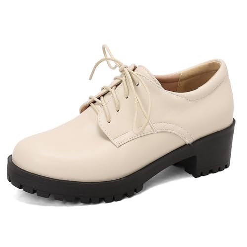 Damen Runde Zehe PU Leder Oxfords Stämmiger Absatz Plateau Vintage Brogues Schnüren Lässige Abendschuhe,Beige,36 EU von HXTYXCQ